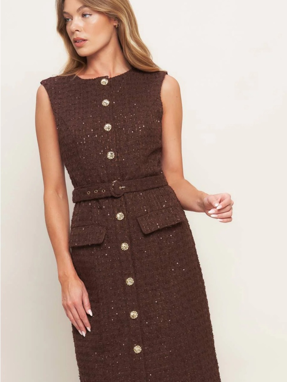 Brown Tweed Sleeveless Belted Dress